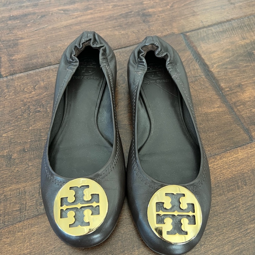 Tory Burch Espresso Flats with Gold Logo